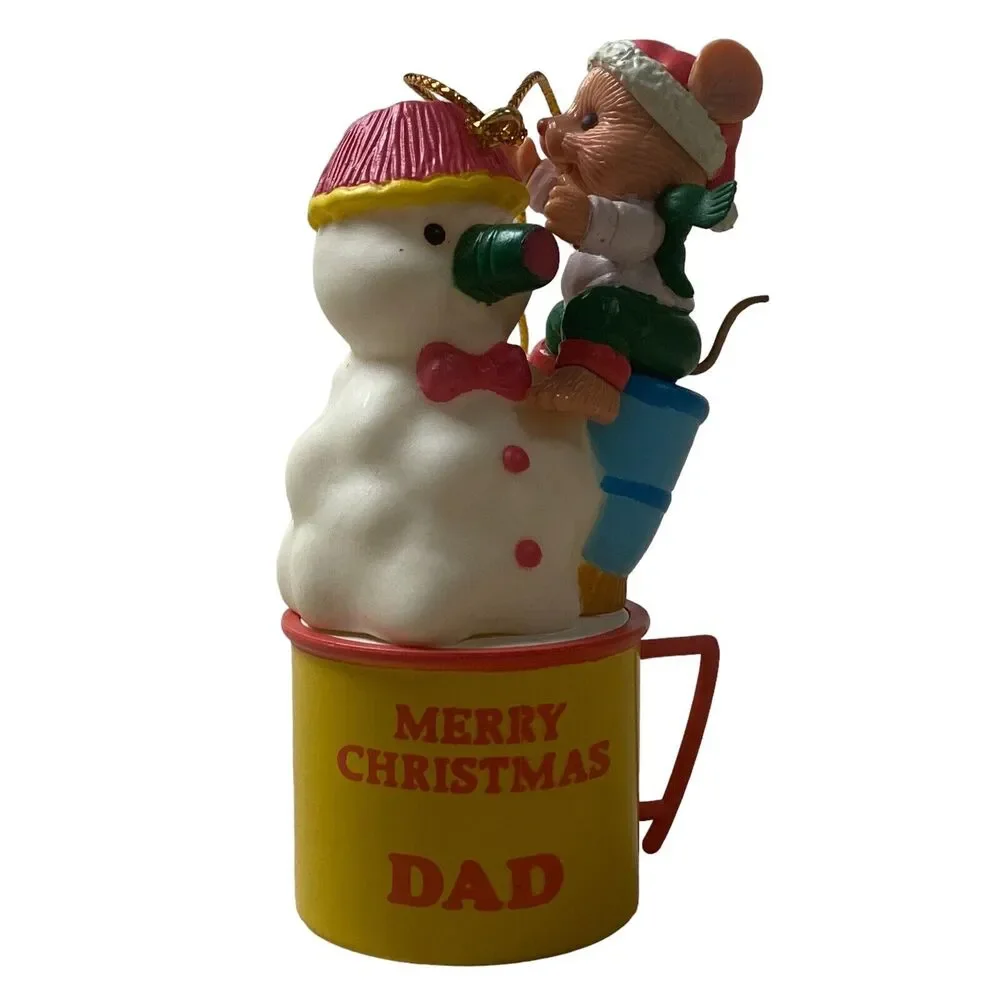 Vintage Trevco Snowman Ornament Climbing Mouse Miniature Merry Christmas Dad Cup